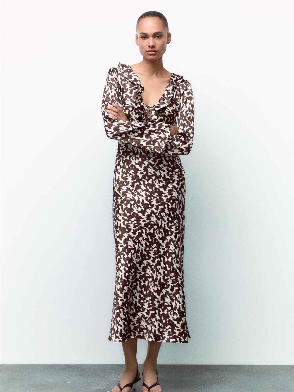 Zara Printed Satin Long Sleeve Midi Dress